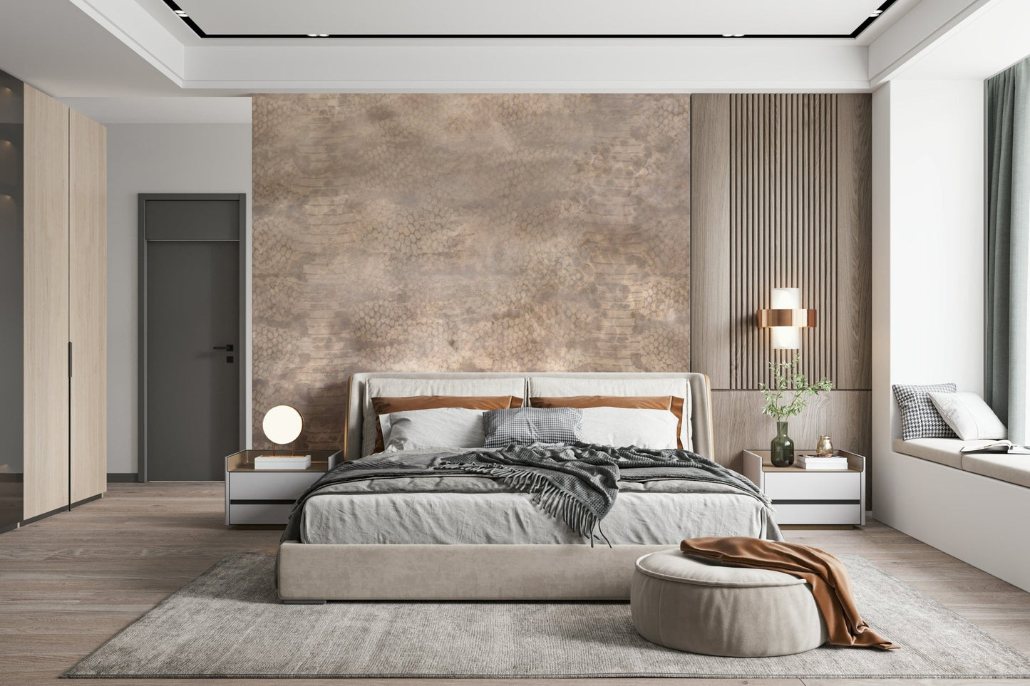 Decorative mural featuring shimmering snakeskin patterns in rose gold for statement walls.