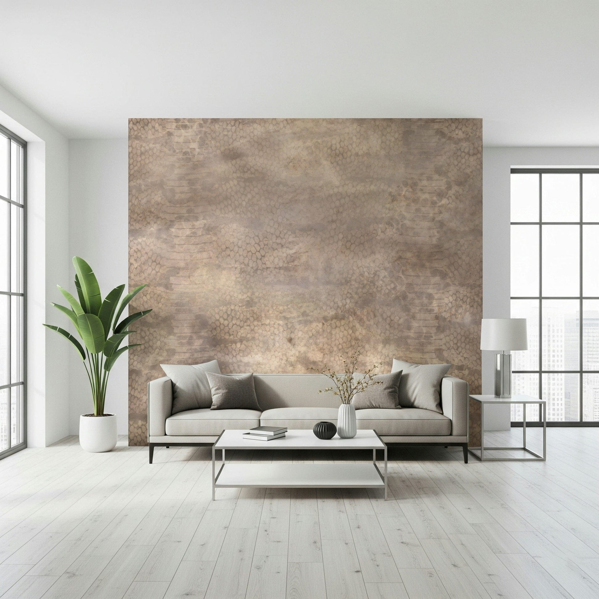 Snakeskin Rose Gold Wall Mural featuring realistic snake scale textures in metallic rose gold tones.