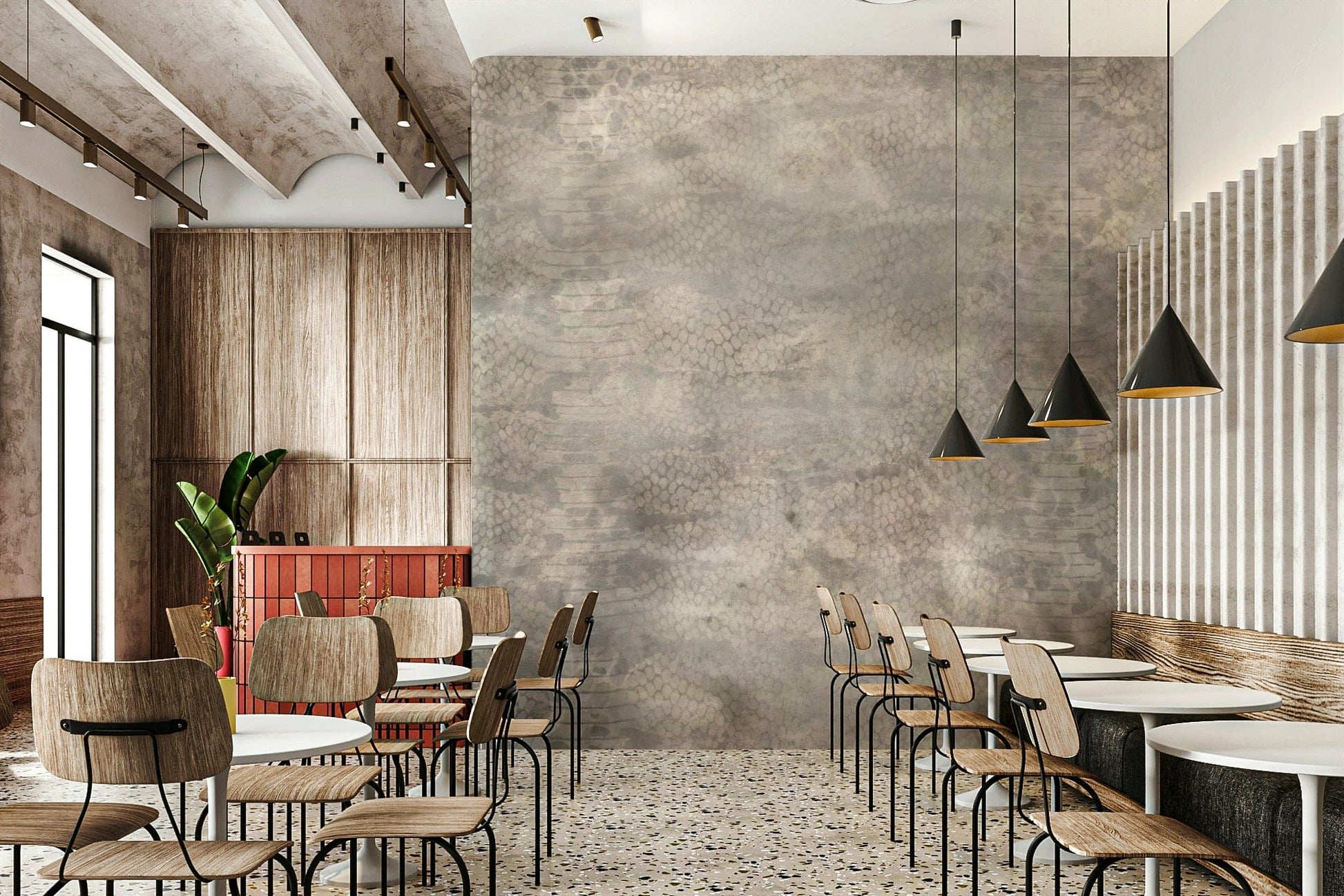 Wall mural with silver snake scale textures creating a bold and stylish effect.