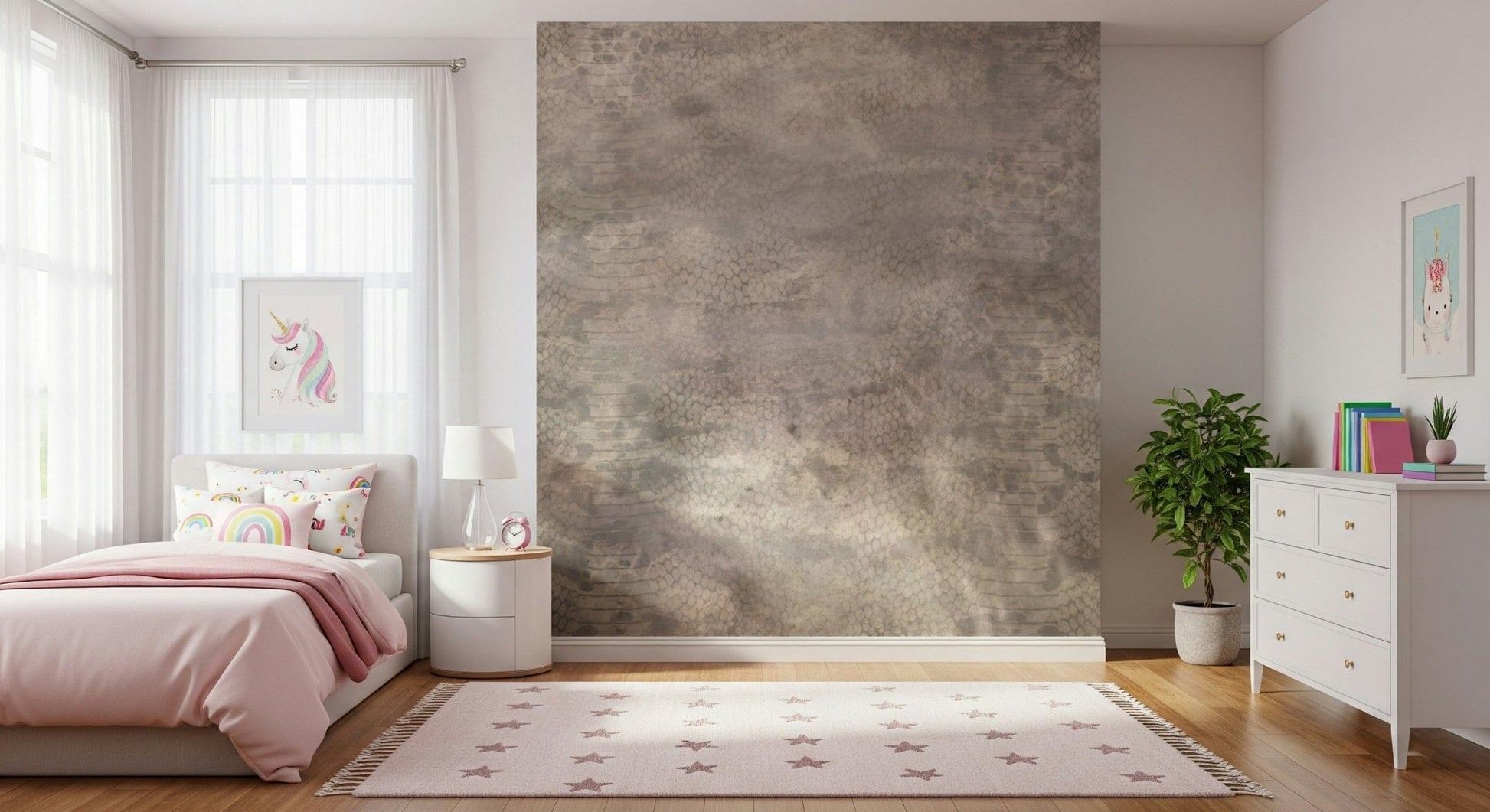 Decorative mural featuring shimmering snakeskin patterns in metallic silver for statement walls.