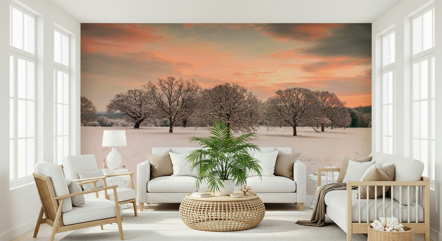 Winter sunset wall mural over white field