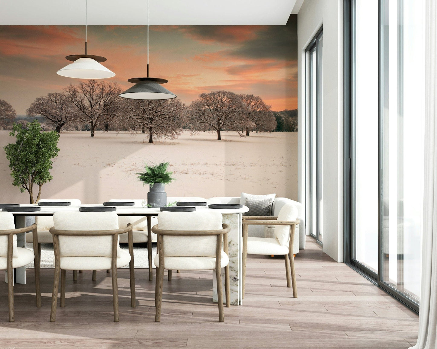 Frosted trees wall mural under pink sky