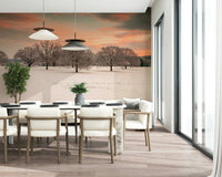 Frosted trees wall mural under pink sky