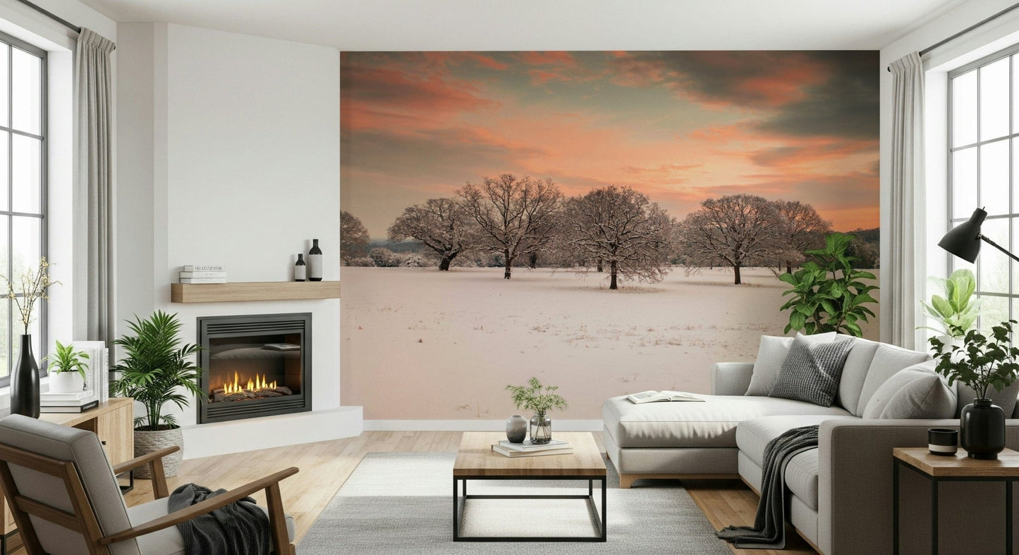 Serene snow scene wall mural with trees