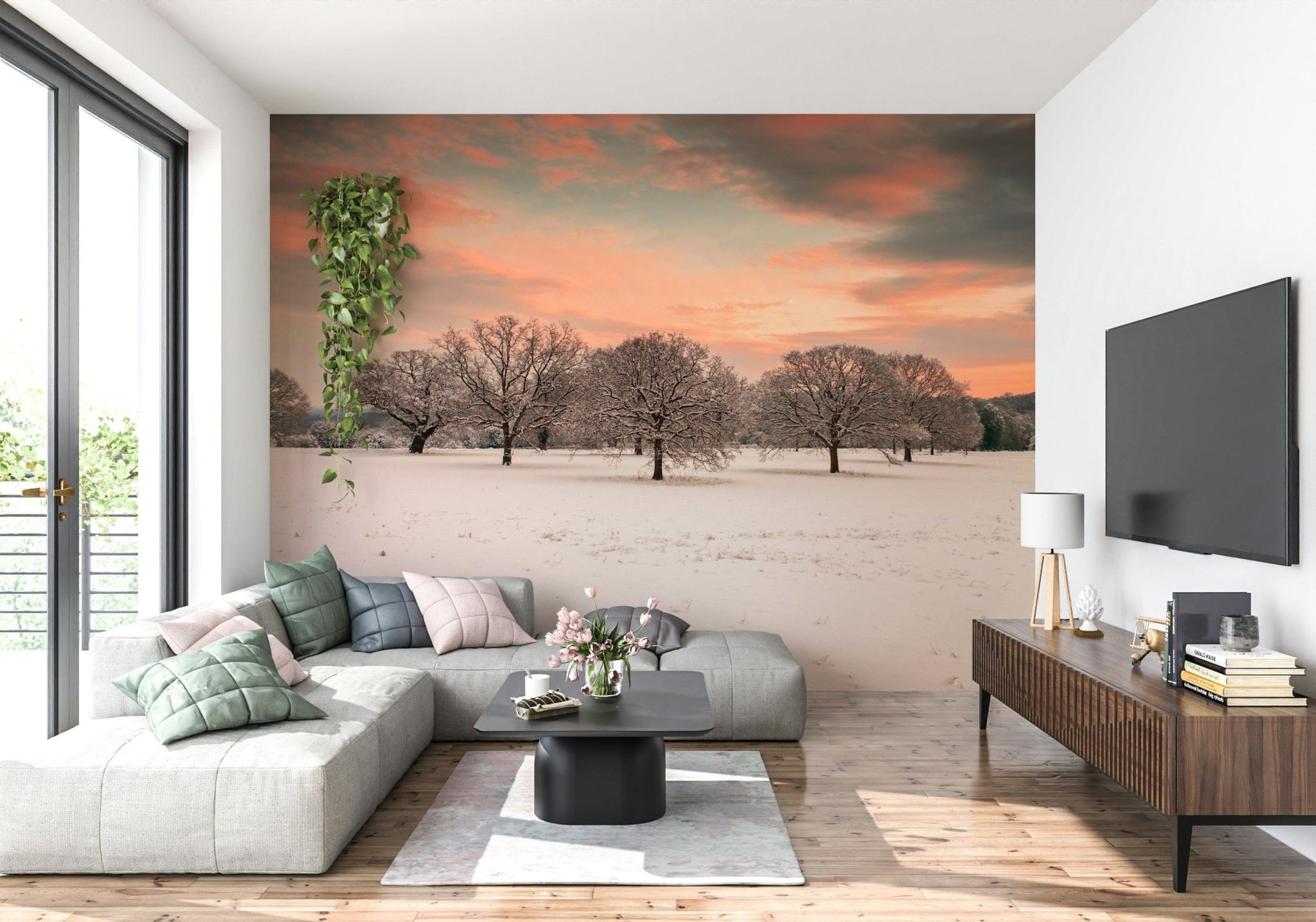 Snow blanketed park wall mural in soft glow