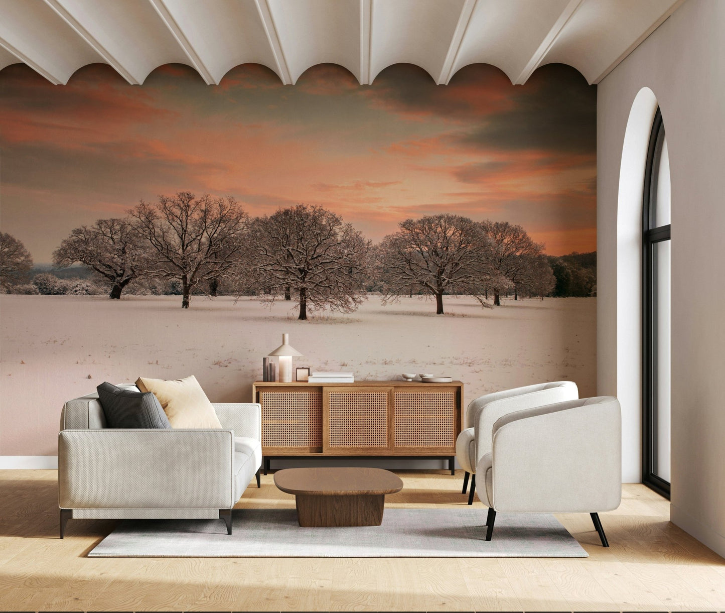 Peaceful winter wall mural with open field