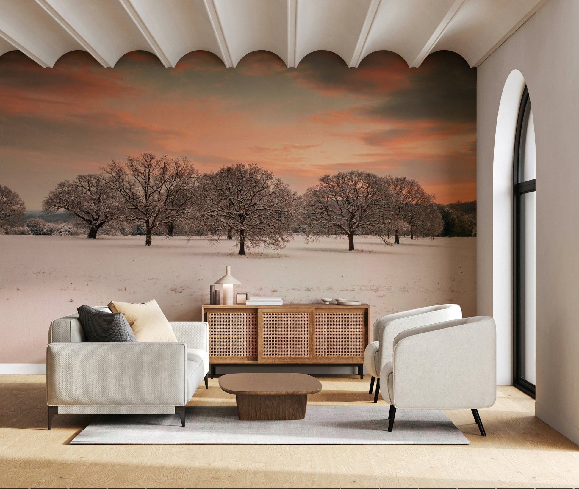 Peaceful winter wall mural with open field