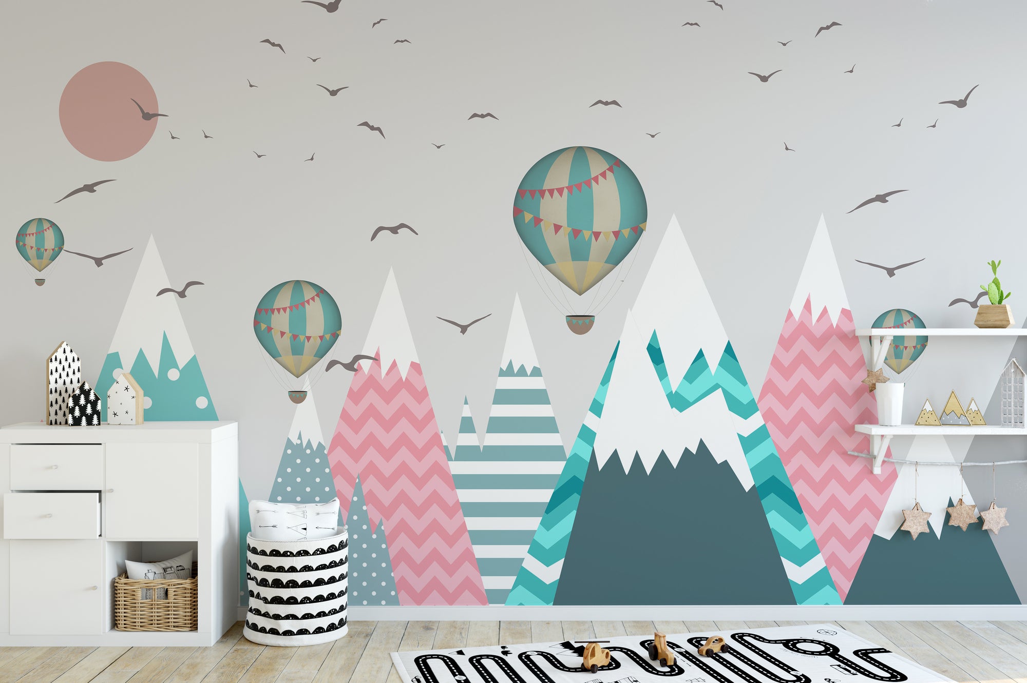 Snow Covered Hills wallpaper mural shown as a full feature wall that highlights the design