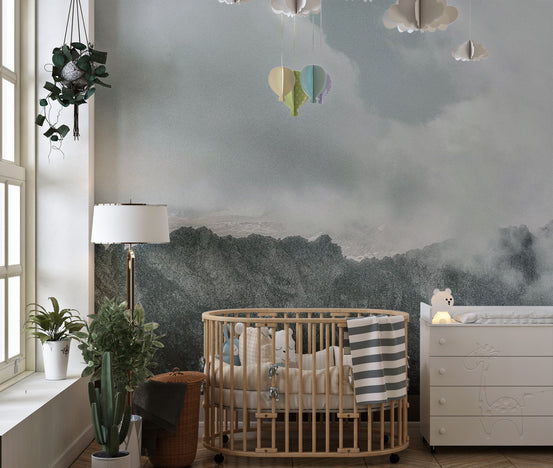 Snow Mountains Foggy wallpaper mural shown as a full feature wall that highlights the design