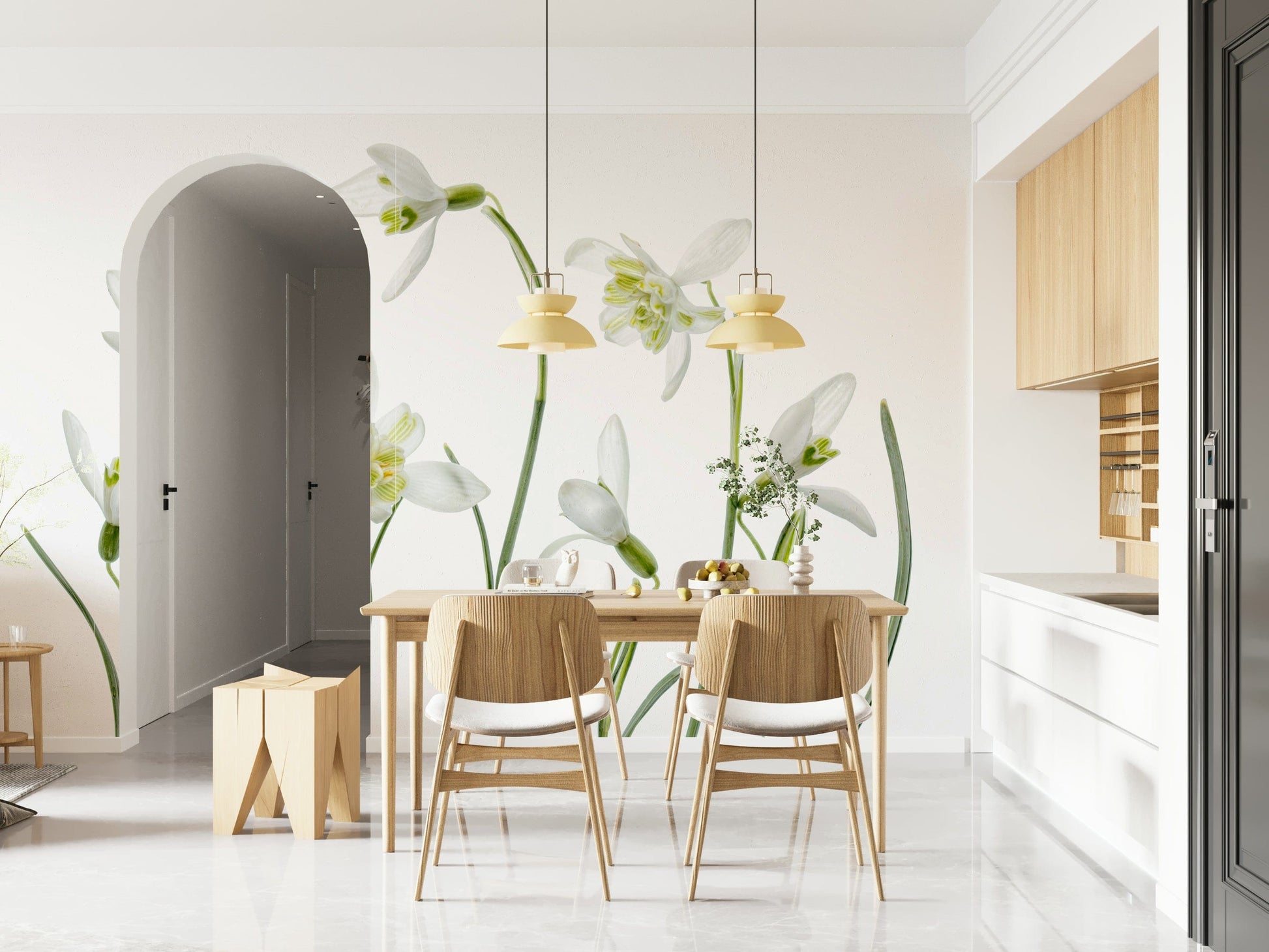 A peaceful botanical garden mural on decorative wallpaper.

