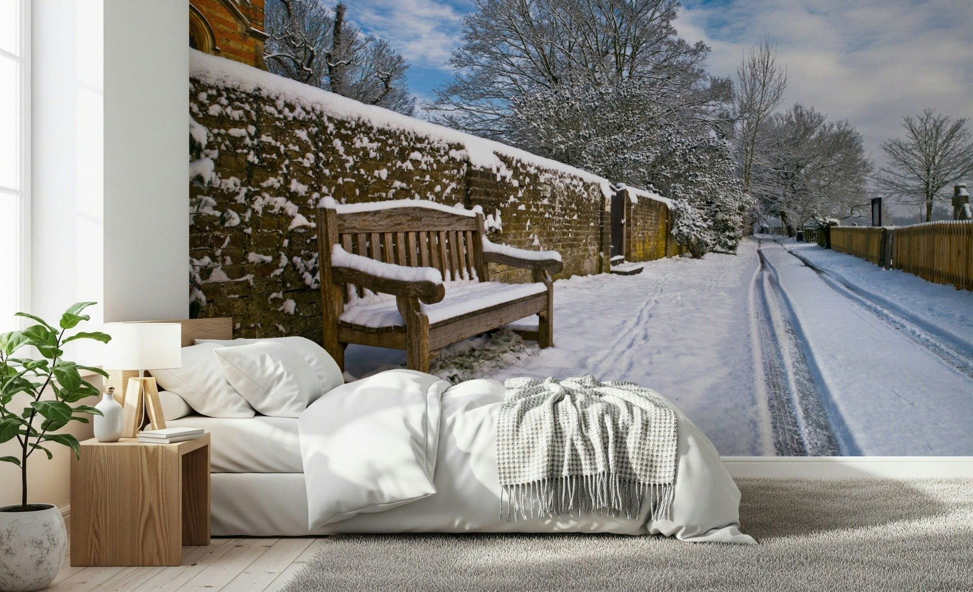Icy Bench Mural Charming garden seat covered in white winter precipitation.