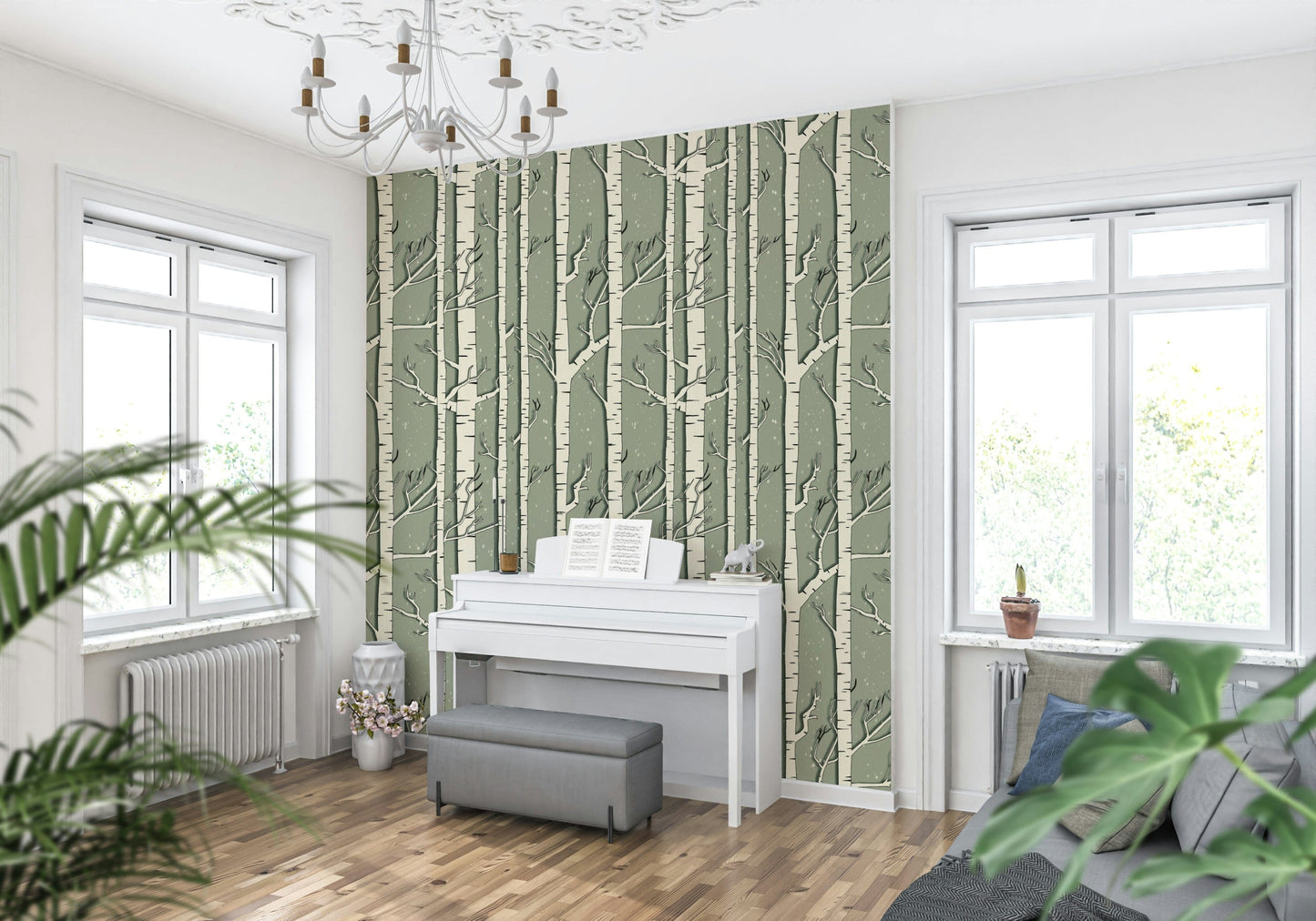 Winter-themed birch wallpaper adding a peaceful, frosty elegance to interiors.