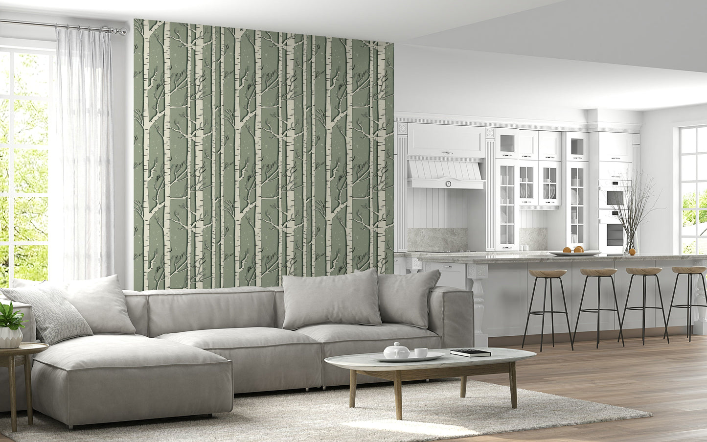 Winter Birch Whispers wallpaper with minimalist snowy tree patterns for cozy interiors.