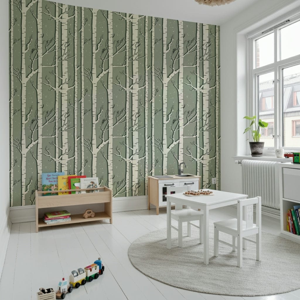 Snowy birch tree wallpaper creating a calm, peaceful winter-inspired interior.