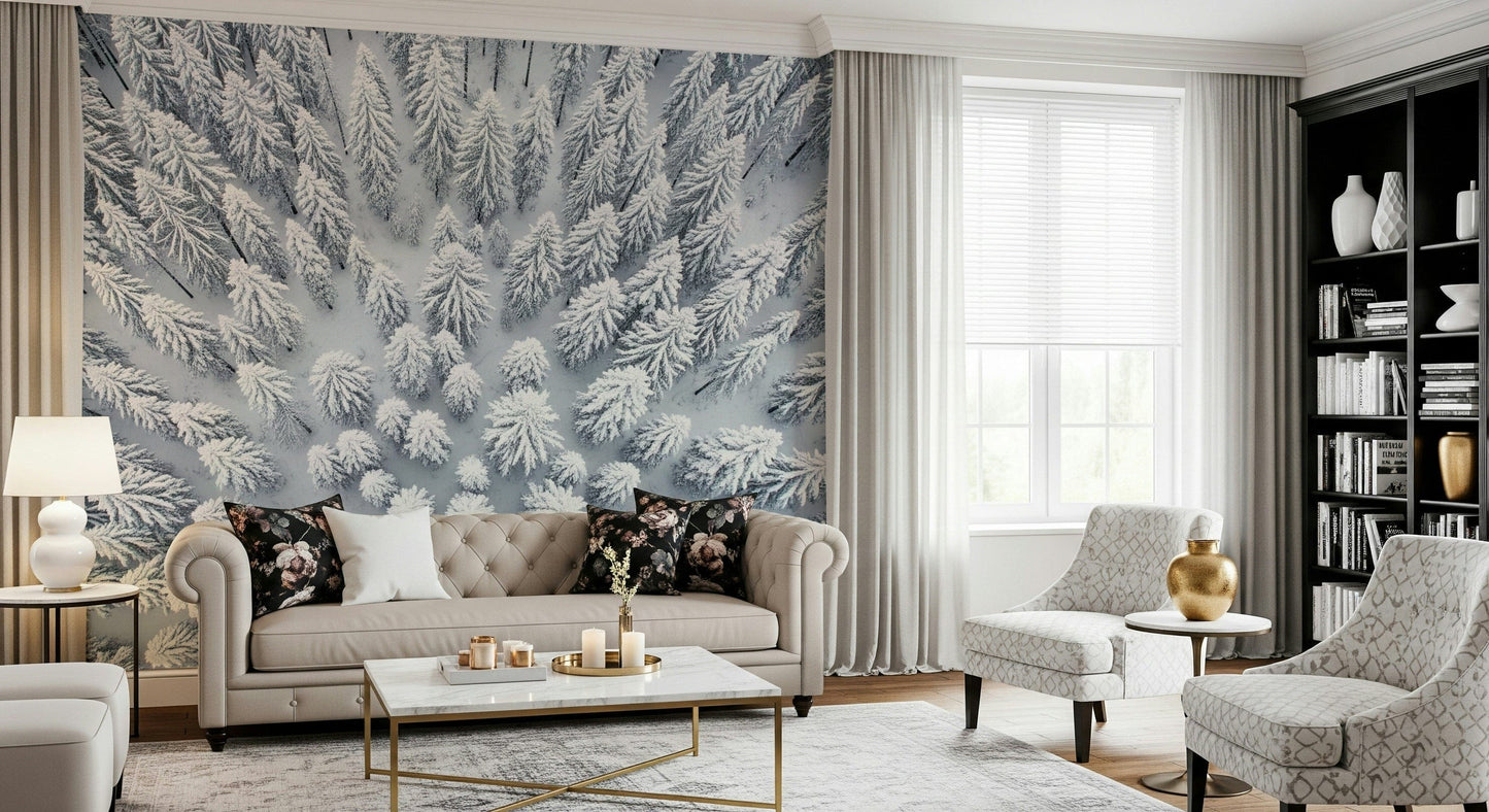Snowy valley wall mural in home office, modern look with cool color tones