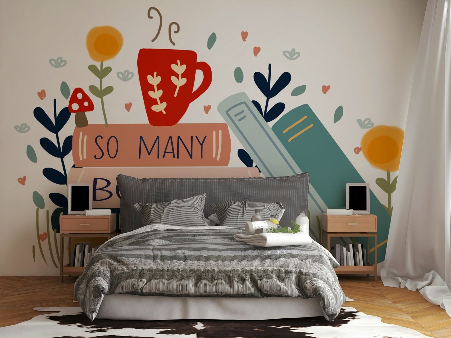 Wall mural featuring "So Many Books So Little Time" design.

