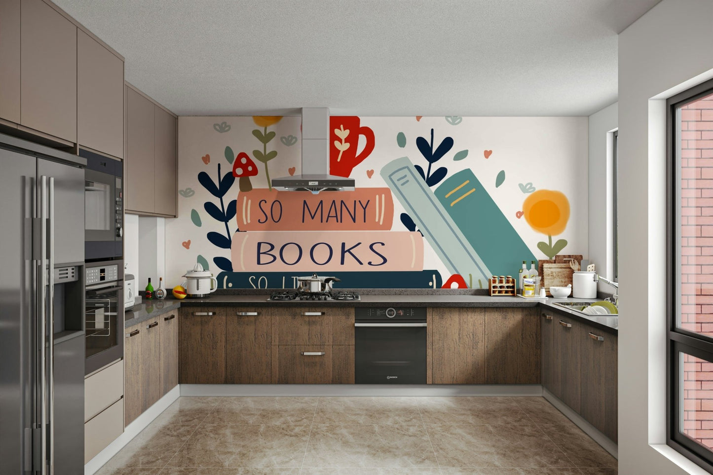 Literary wall mural with bookshelves and "So Many Books" quote.

