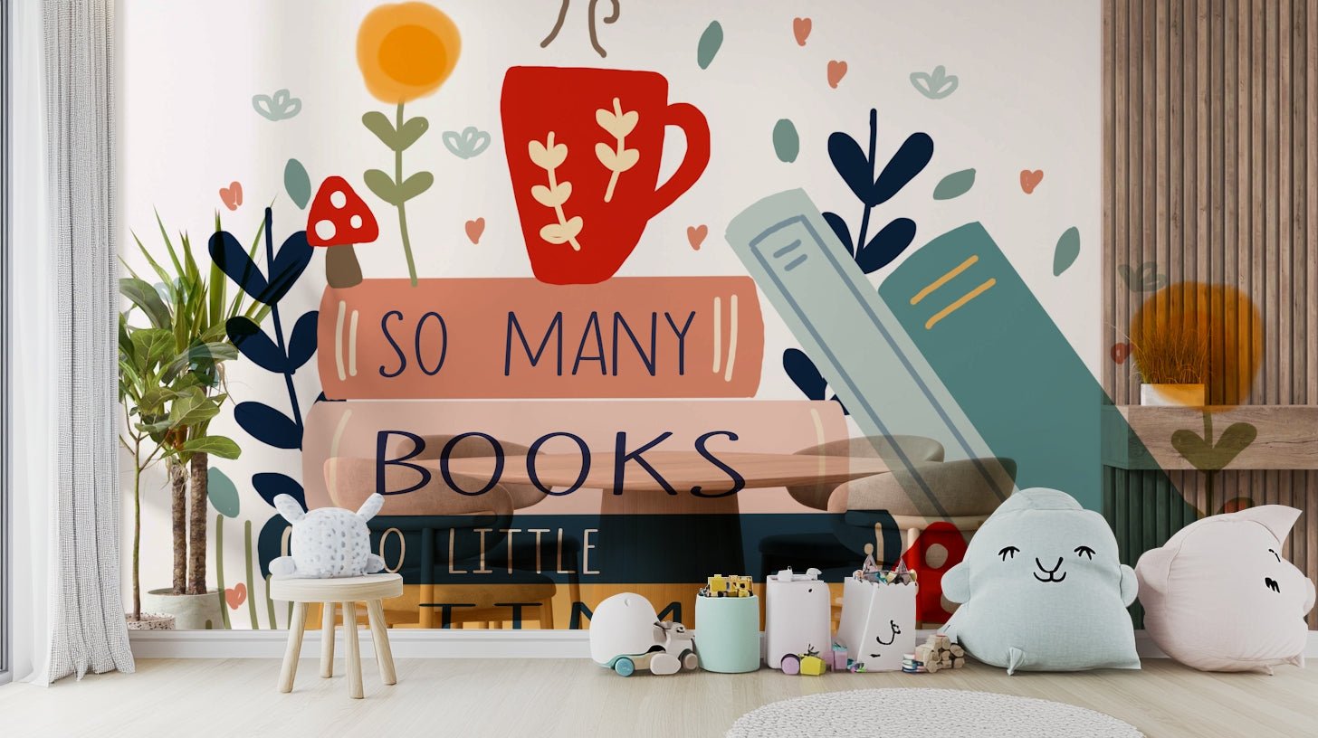 Wall mural with bookshelves and "So Many Books So Little Time" text.


