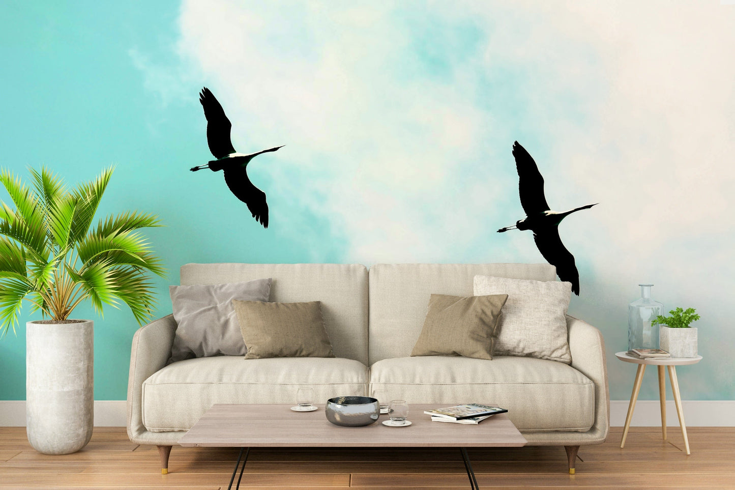 A graceful subtle bird wall mural in cool, natural tones.

