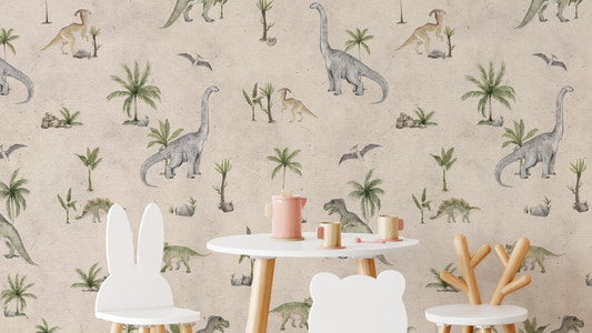 Blød beige dinosaur tapet