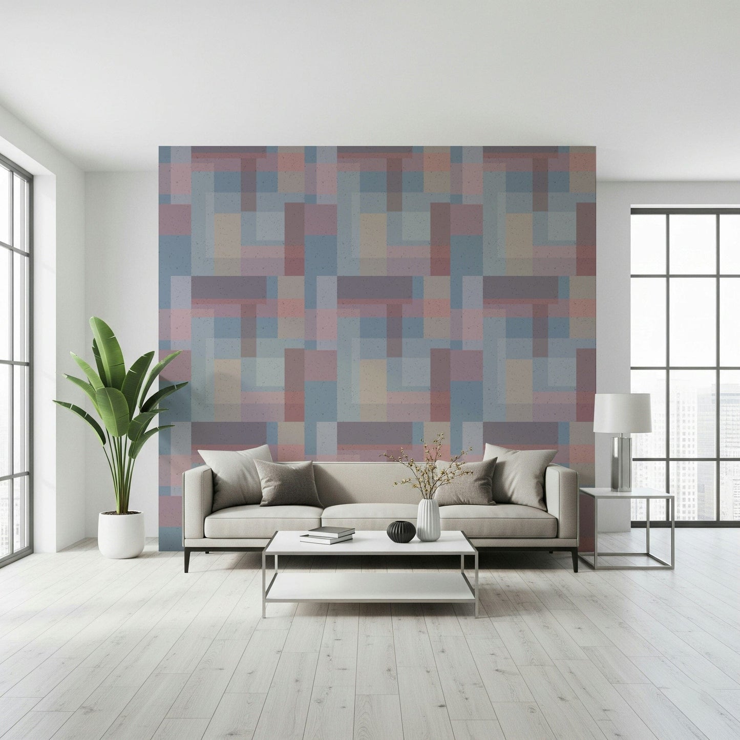 A pastel geometric wallpaper made of soft-edged rectangles arranged in a repeating pattern.