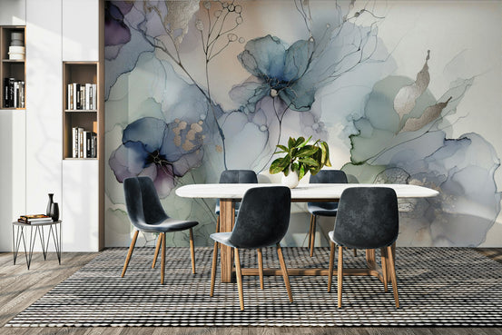 Soft Bloom Essence wallpaper mural with blue and lavender ink-wash flowers behind a marble dining table and grey chairs
