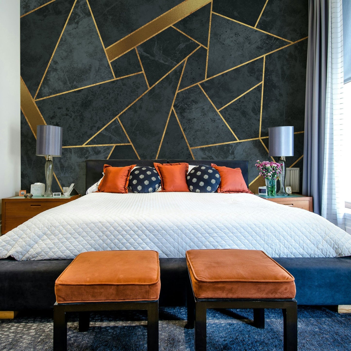 Soft pastel blue and metallic gold mural for a quiet wall feature.

