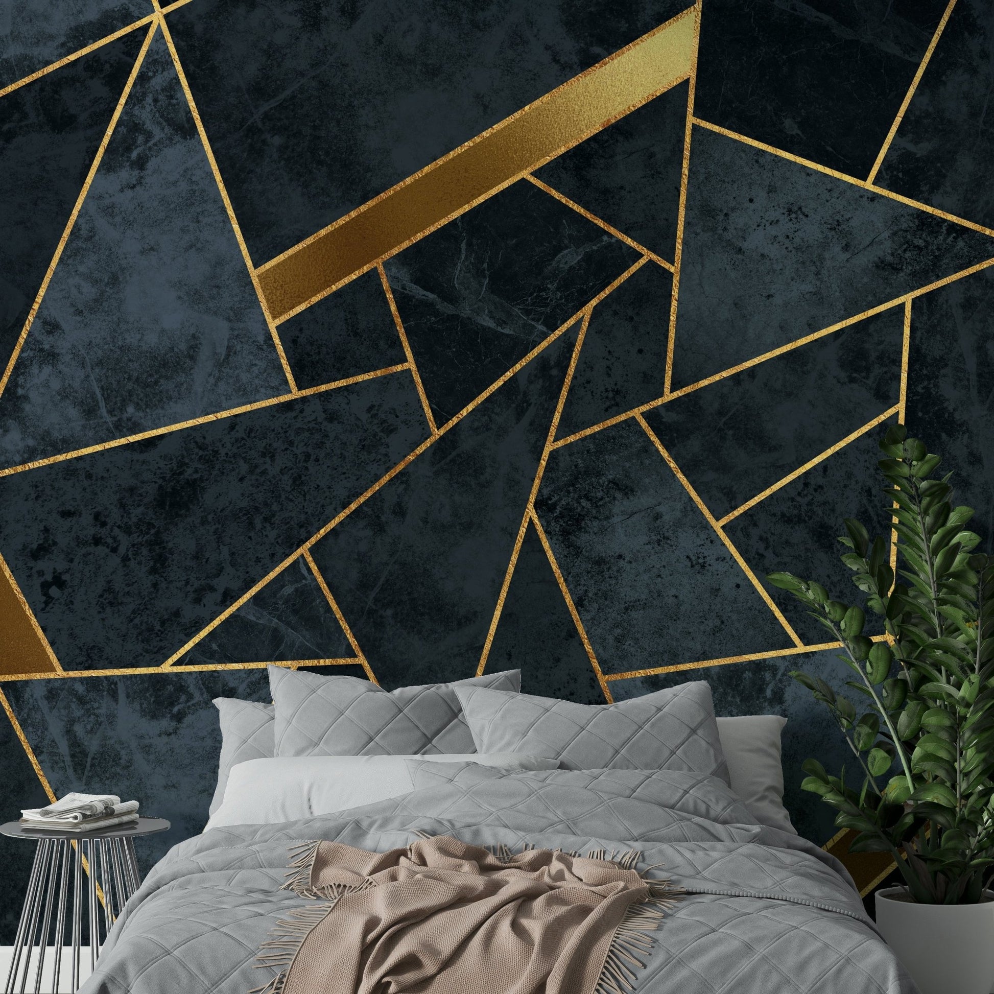 Soft mosaic-style wall mural with blue hues and gold detailing.

