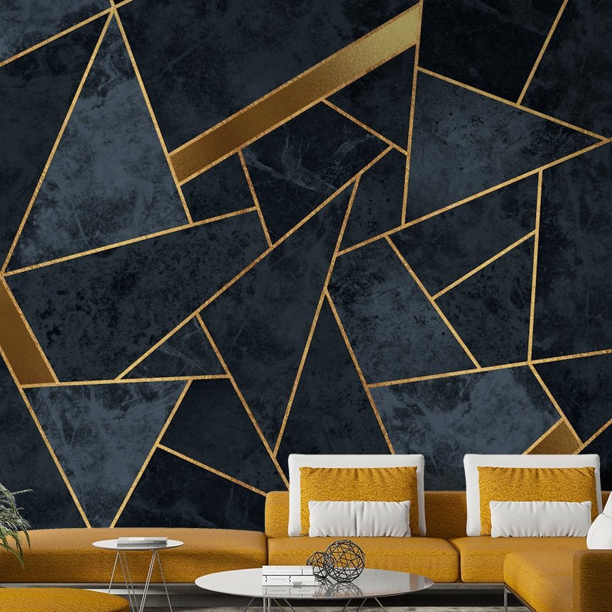 Blue and gold mosaic tile mural wallpaper for a refined look.

