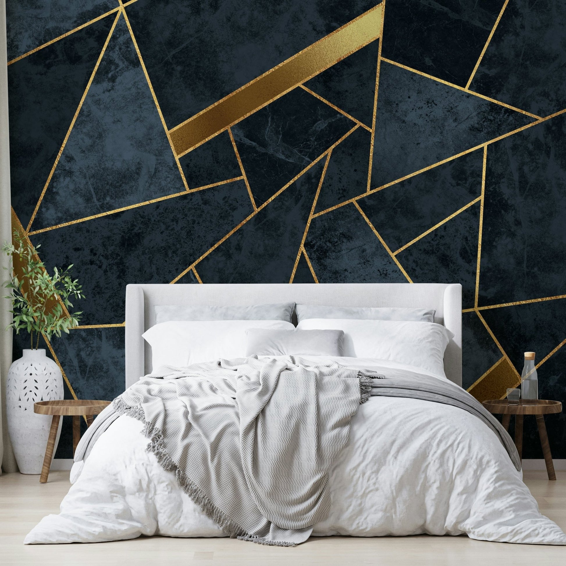 Mosaic wall mural with soft color blocks and warm golden tones.

