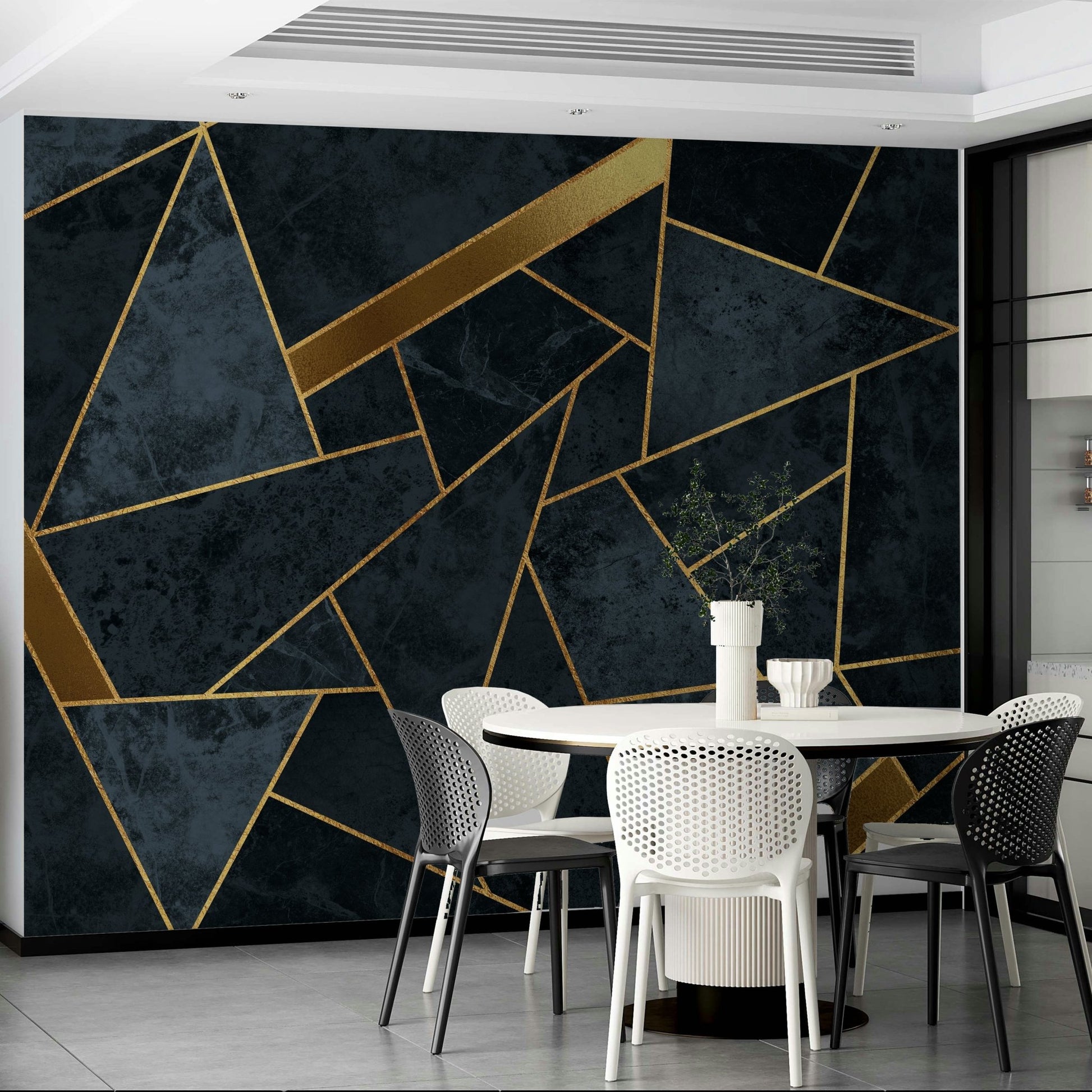 Subtle mosaic design in light blue and gold for peaceful interiors.

