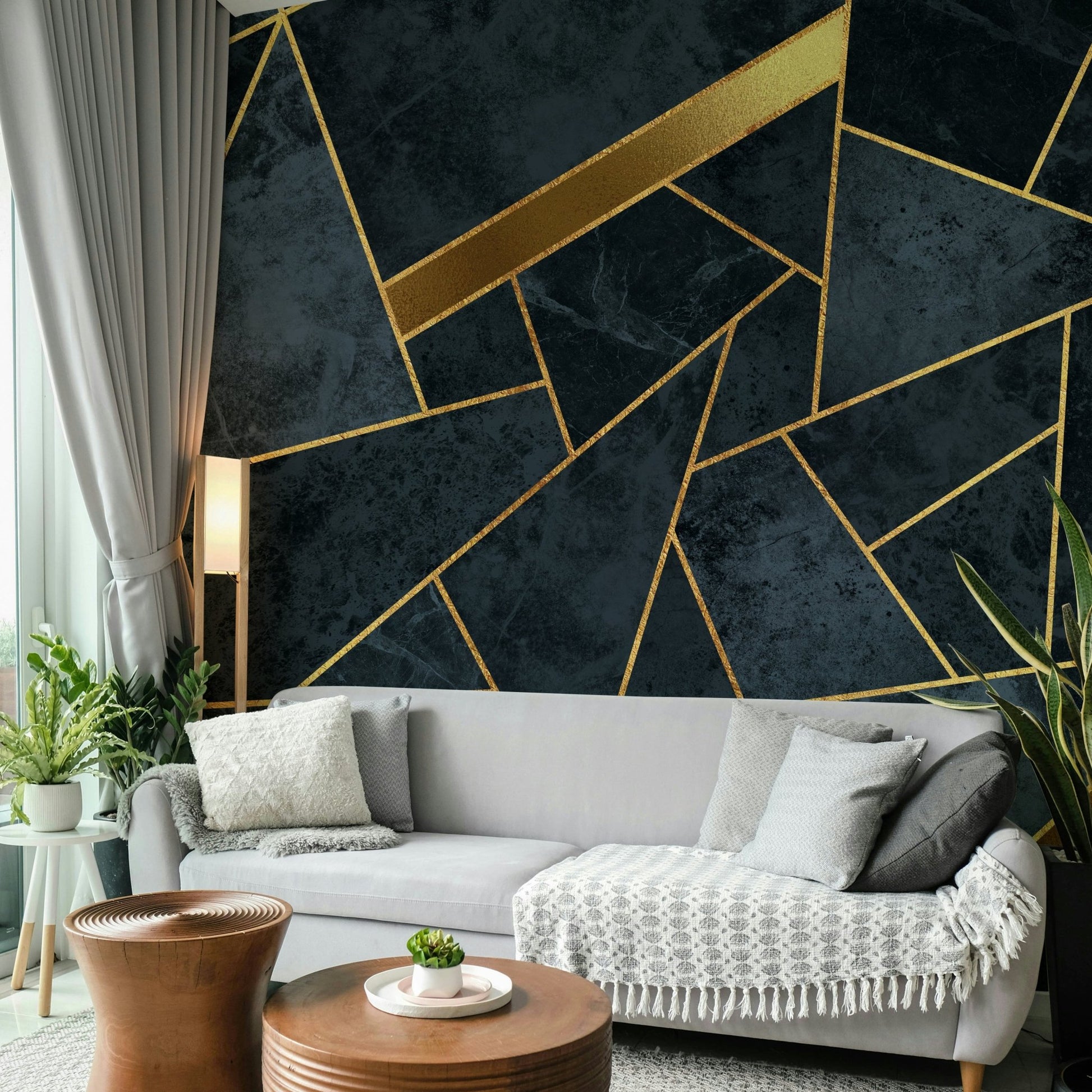 Elegant blue and gold mural with a modern tile-like texture.

