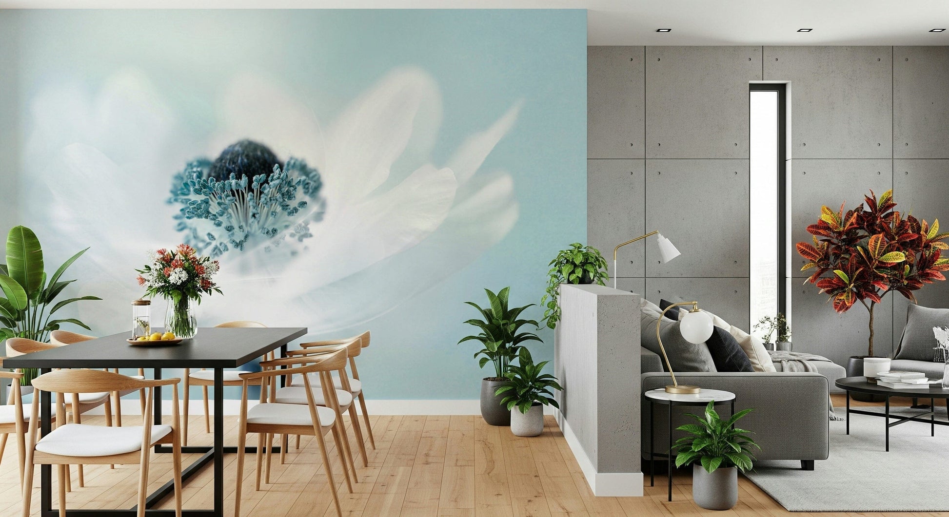 A graceful subtle bloom wall mural in soft, elegant tones.

