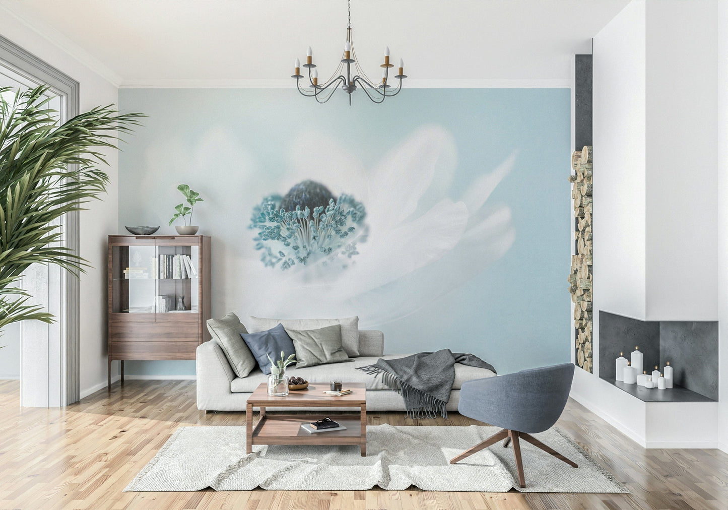 An artistic gentle anemone mural on minimalist wallpaper.

