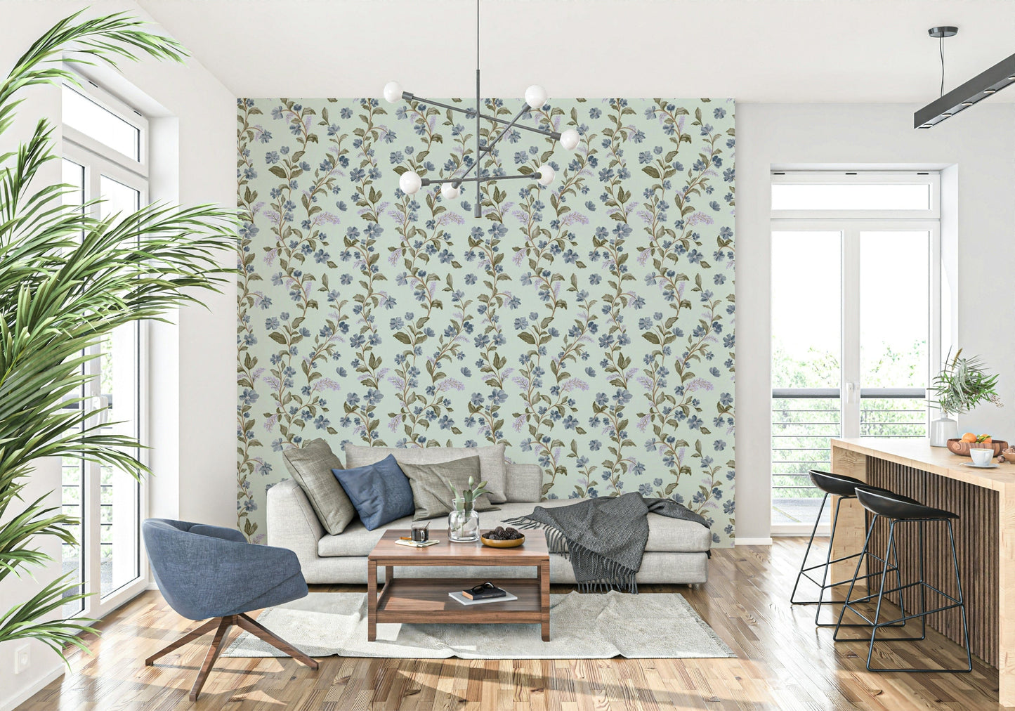 Handpainted Soft Blue Floral Pattern backdrop subtle lilac cluster sprig.