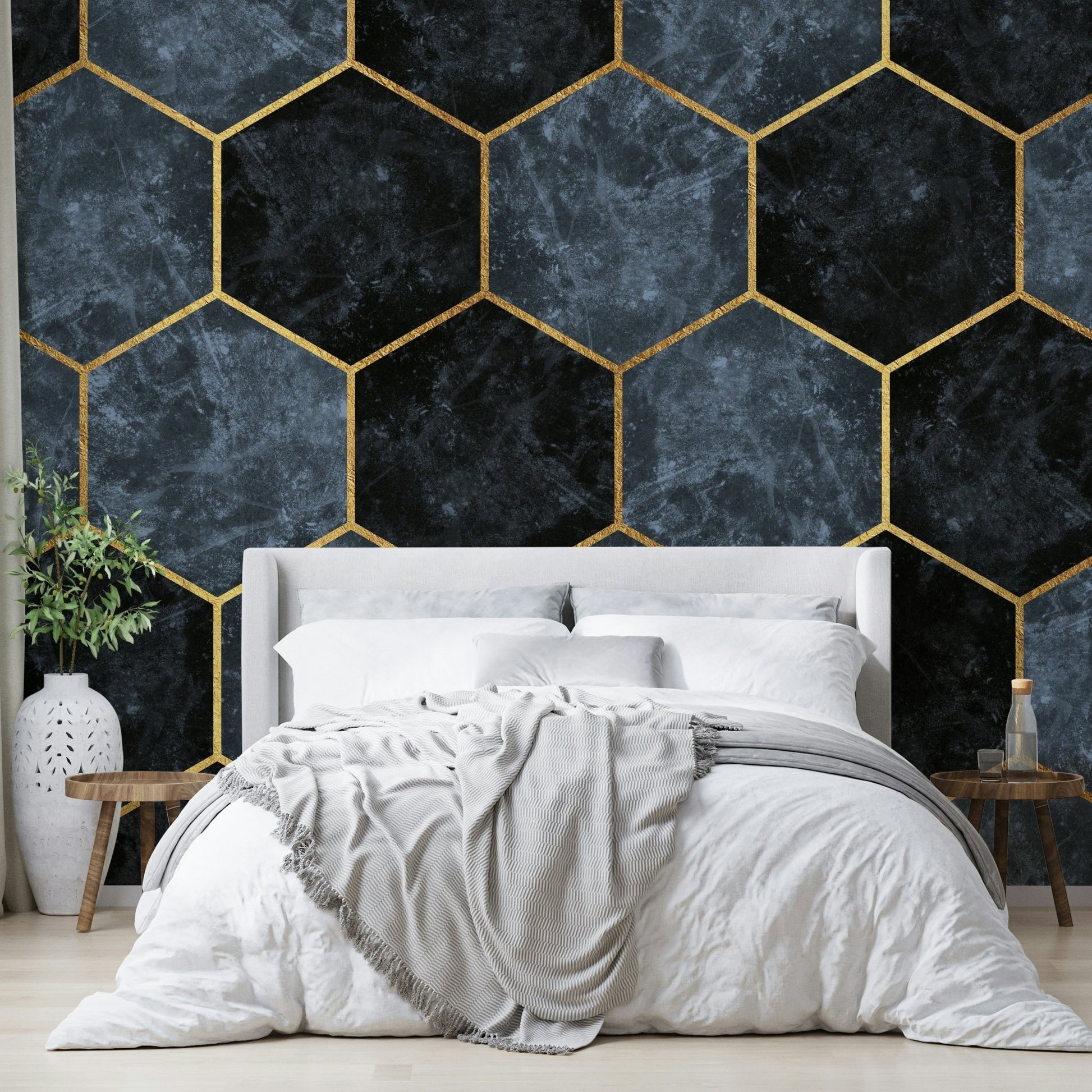 Modern soft blue wallpaper with gold hexagons

