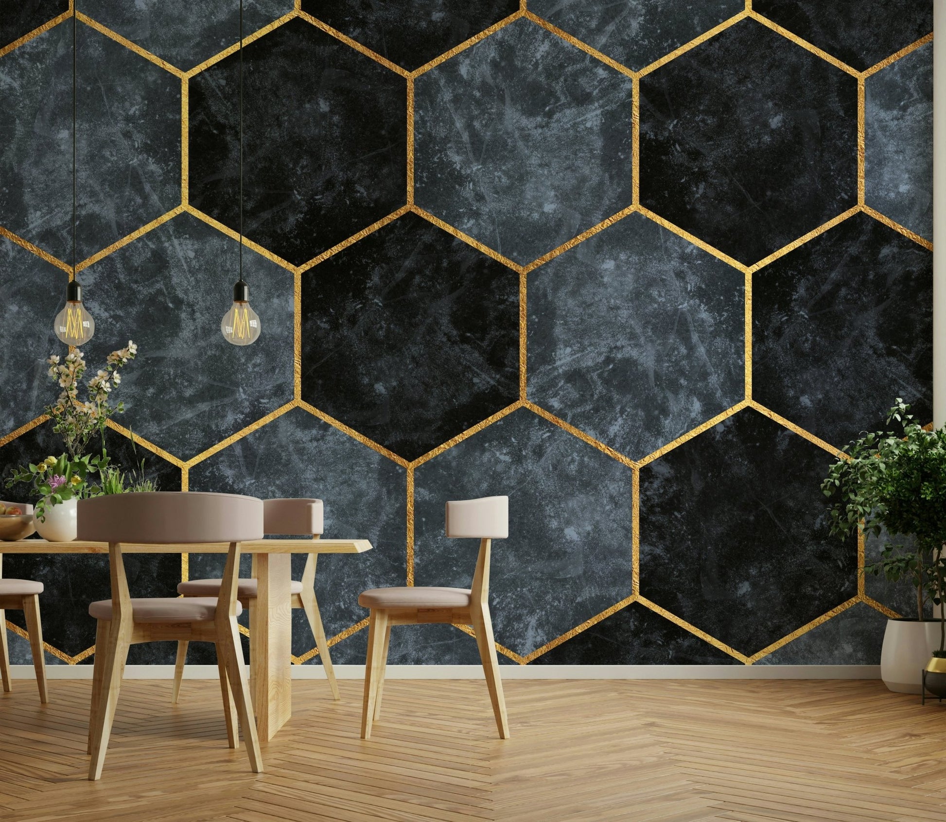 Gold-lined hexagonal mural on soft blue background

