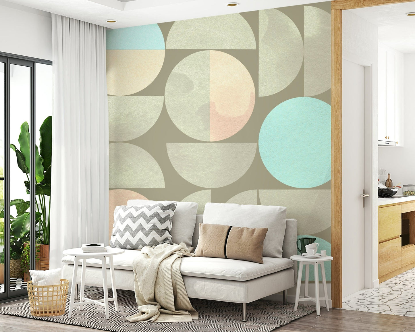 Abstract round shapes wall mural in sage