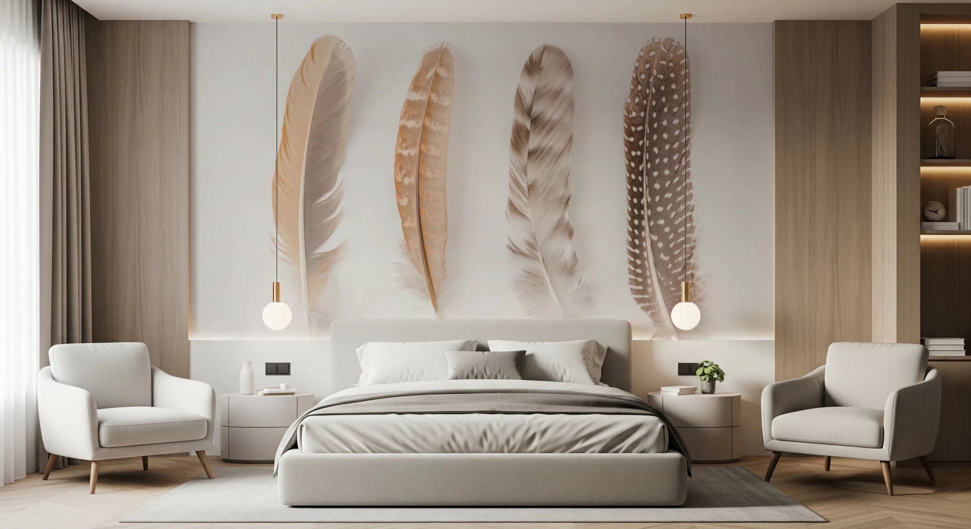 Close up of striped and spotted bird feathers in a modern bedroom wall mural.