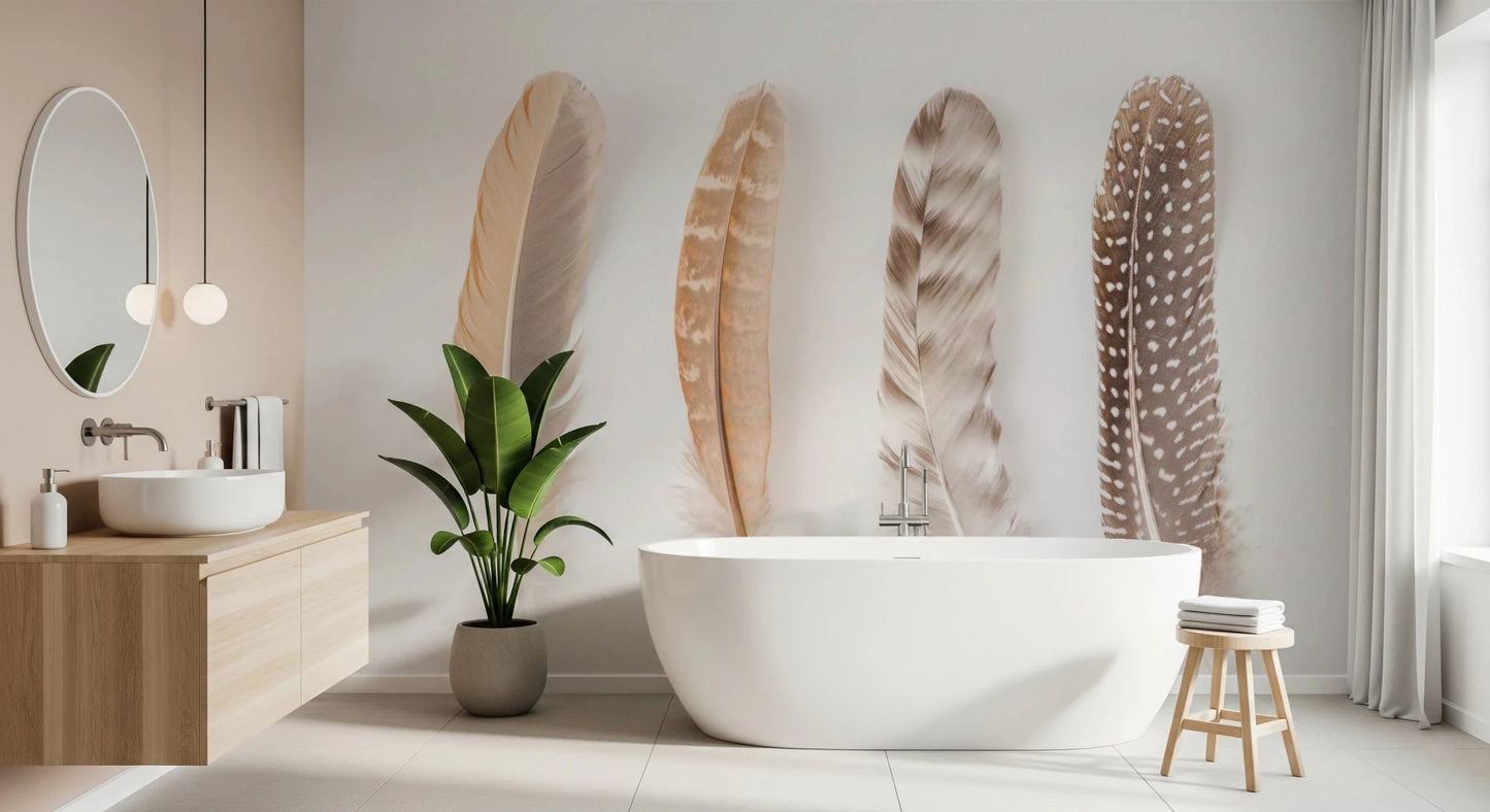 Simple brown and grey feather arrangement for modern bathroom wall decor.