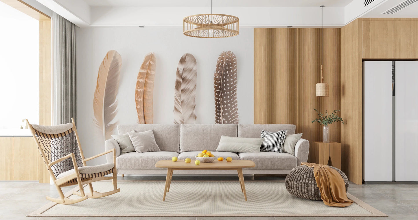 Detailed texture of bird plumes in this Soft Feather Array mural.