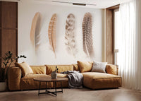 Soft earthy tones and delicate feather shapes for wall mural design.