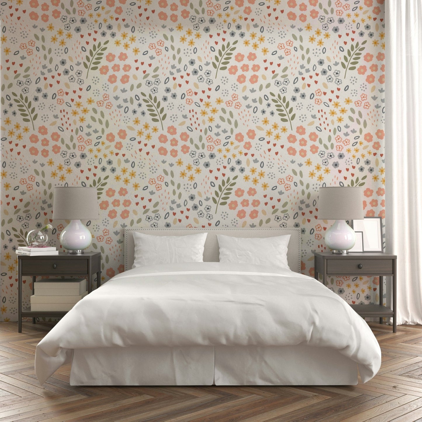Soft, pastel floral wallpaper for a serene atmosphere.

