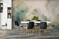 Minimalist botanical mural for a primary suite with natural lighting.