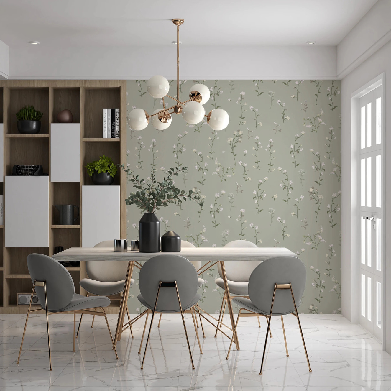 Sage green floral wall mural behind a black sofa in a dining area.