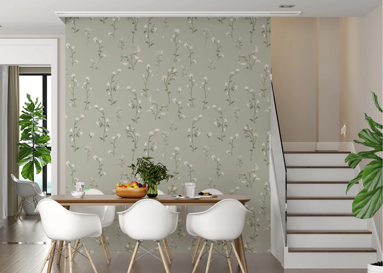 Dining room with Soft Floral Meadow cottagecore white flowers wallpaper.