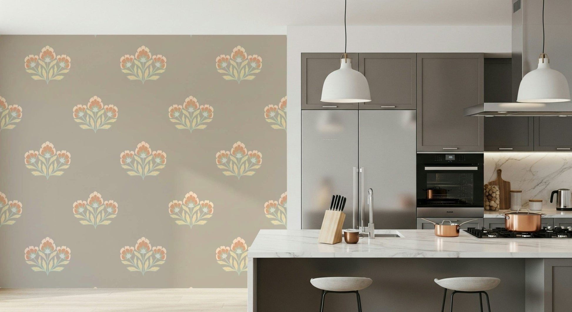 Elegant Serene Flora print mural, symmetrical flower cluster.