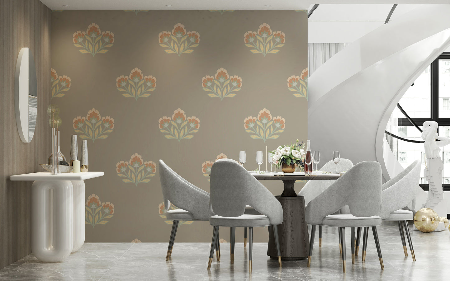 Muted Serene Flora wall covering, sophisticated botanical design.