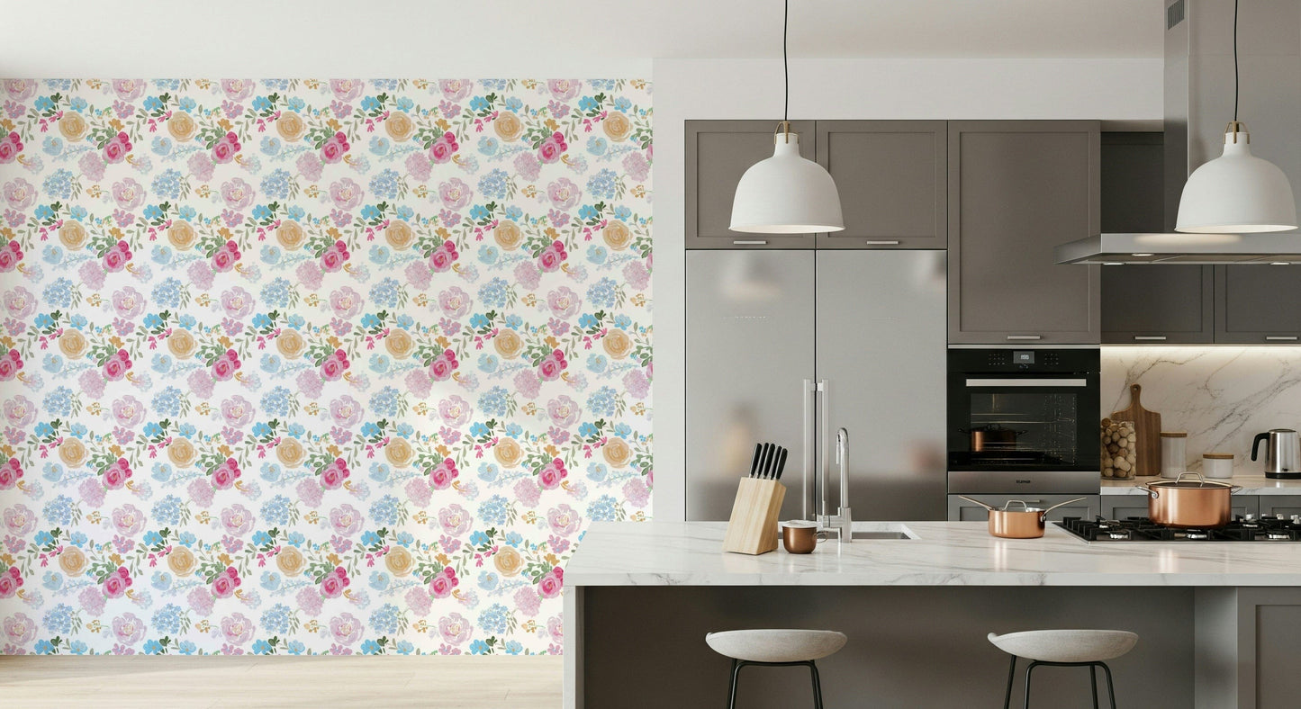 Soft floral wallpaper with hand-painted impasto petals for an artistic wall look.