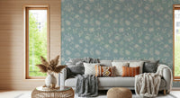 Soft Floral Whisper vintage indigo wallpaper for walls.